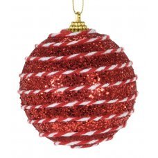 Χριστουγεννιάτικη Μπάλα Κόκκινη με Οριζόντιες Ρίγες και Γκλίτερ (8cm)